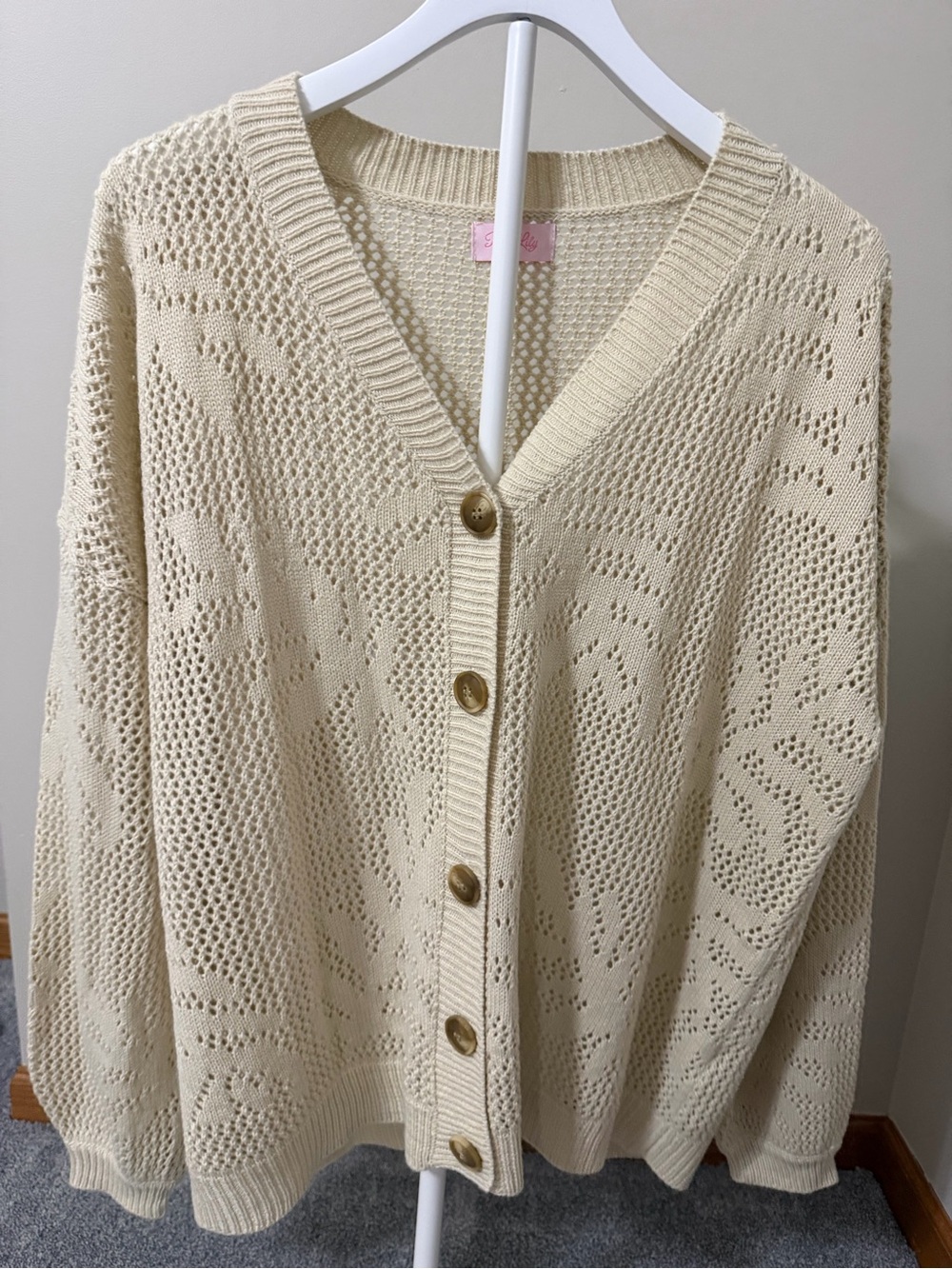 Pink Lily Beige Openwork Knit Button Front Cardigan
